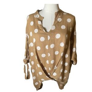 Made In Italy 100% Linen Polka Dot Boho Blouse Size Large